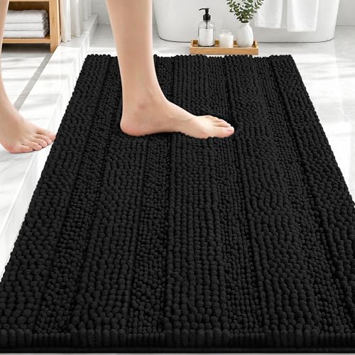 OLANLY Thick Bathroom Rugs 30x20, Soft Chenille Striped Bath Rugs, Black | Rubber Backing, Machine Wash, Extra Absorbent Bath Mats for Bathroom Floor, Tub and Shower, Home Decor Accessories - color: Black, size: 30" X 20"