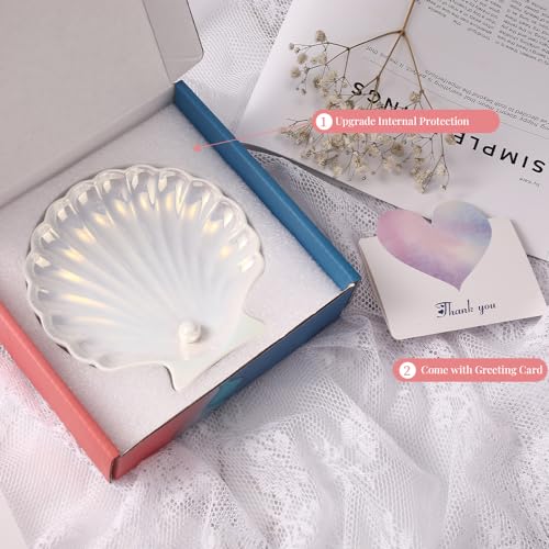 Shell Ring Holder Dish, Shell Jewelry Tray, Trinket Dish, Cute Decorations for Coastal Home Decor, Bathroom Decor, 5.5", White - style: Shell White