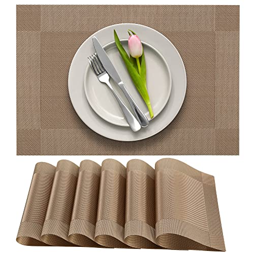 More Décor Dining Table Placemats, Washable Heat-Resistant PVC Vinyl Table Mats for Dining Room and Kitchen, Anti-Slip - Set of 6 - Light Brown - color: Light Brown