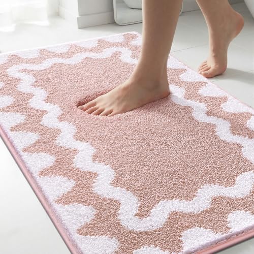 Findosom Bathroom Rugs Sets 3 Piece, Absorbent Soft Non-Slip Bath Rug Set | Washable Microfiber Shaggy Scalloped Bath Mat Set with Bathroom Runner Rug, U-Shaped Toilet Rugs, Shower Rug, Pink - color: Pink & White, size: 18"x26"+18"x48"+U 20"x24"