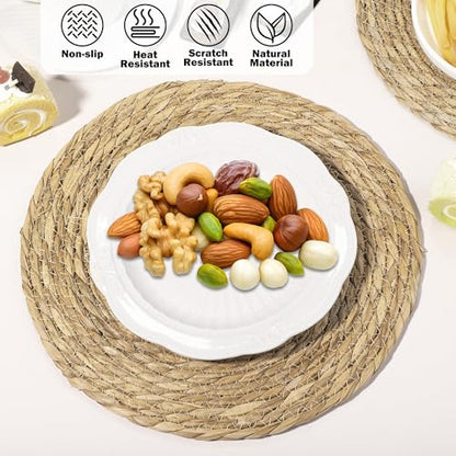 Elcoho 40 Pieces Round Woven Placemats 13.8 Inch Boho Rattan Placemats Farmhouse Braided Place Mats Woven Plate Chargers Rustic Wicker Table Mats for Dining Table - size: 13.8 Inch