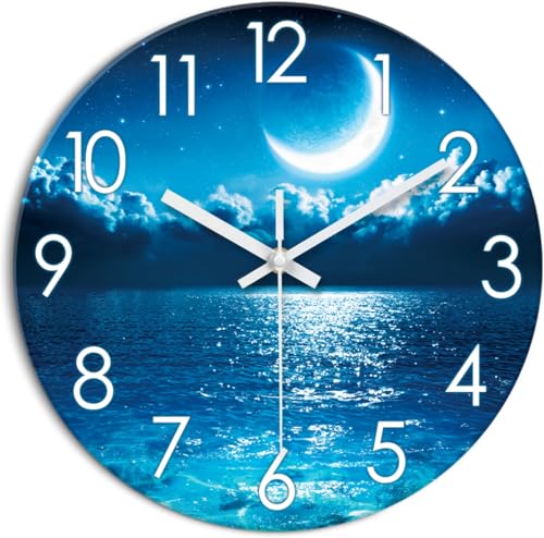XFM 16 Inch Large Modern Moon Ocean Wall Clocks Battery Operated | Silent Non Ticking Blue Round Analog Modern Nature Decorative for Living Room Kitchen Office Decor - color: Blue2, size: 16 Inch