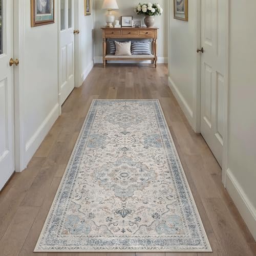 Blue Runner Rug 2x8 Kitchen Vintage Floral Non-Slip Carpet | Machine Washable, Soft, Low Pile, Distressed, for Hallway, Entryway, Laundry Room, Bathroom, Retro Neutral Decor - color: Vintage | Blue, size: 2' x 8' (Runner)