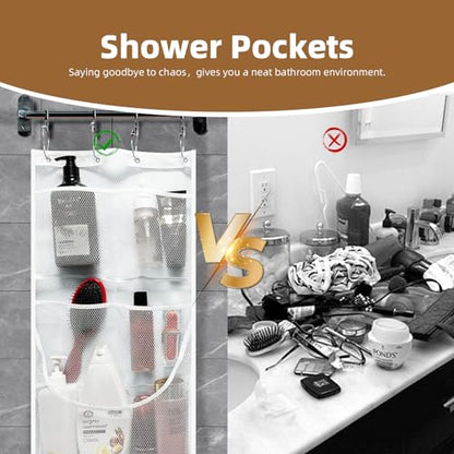 Mesh Shower Caddy Hanging,Hanging Mesh Pockets Shower Curtain Liner Pockets Hanging with Pockets Quick Dry Cruise RV Camper Bathroom Organizer with Shower Curtain Hooks - size: 1 Pack | White