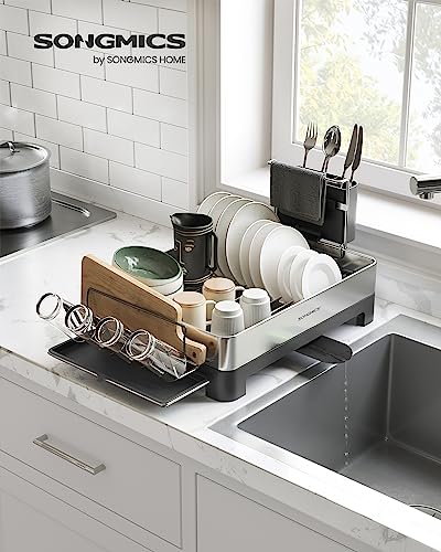 SONGMICS Dish Drying Rack, Premium Stainless Steel Dish Rack with Rotatable Spout, Fingerprint-Resistant Dish Drainers for Kitchen Counter, 12.5 x 22.5 in, Silver and Black UKCS030B01 - color: Silver + Black, size: 12.5"D x 22.5"W x 9.7"H