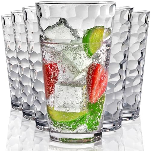 Bravario Hammered Plastic Drinking Glasses Set of 6-22 oz Clear Reusable Cups, Durable Dishwasher Safe Highball Tumblers, Stackable BPA & EA-Free - size: Tall - Set of 6