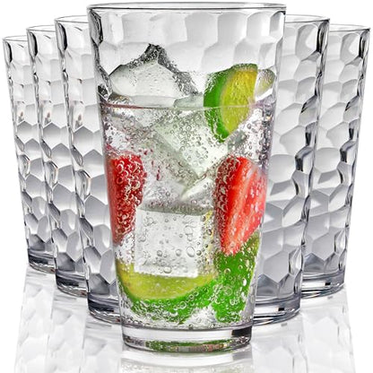 Bravario Hammered Plastic Drinking Glasses Set of 6-22 oz Clear Reusable Cups, Durable Dishwasher Safe Highball Tumblers, Stackable BPA & EA-Free - size: Tall - Set of 6