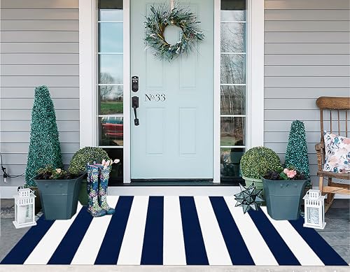 Striped 3'x5'Outdoor Rug,Blue and White Washable Front Porch Rug | Hand-Woven Cotton Layering Rug Farmhouse Door Mats Outdoor for Front Entryway Entrance Decor - color: Navy Blue, size: 3' x 5' (Rectangular)