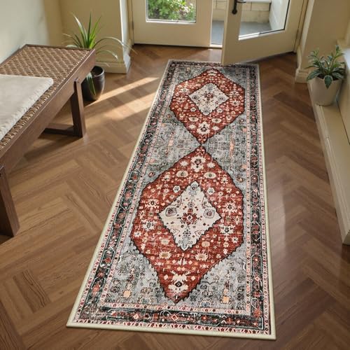 Lahome Felice Boho Tribal Runner Rug - 2x6 Red Rug Runners for Hallways 6 feet Non Slip Kitchen Sink Mat, Soft Non Skid Washable Bathroom Carpet Runner for Front Hall Entryway Laundry Room - color: Red, size: 2' x 6' (Runner)