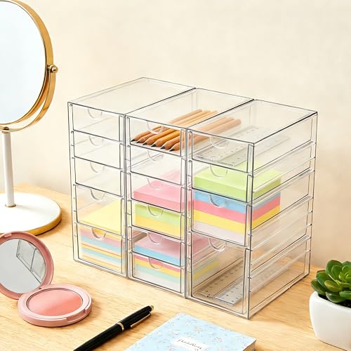 Prsildan 15 Drawers Teacher Toolbox Acrylic Containers, Set of 3 | Clear, Pens Markers Stickers Hardware Storage, Office Desk Kitchen Cabinet Garage Organizer - size: 15 Drawers