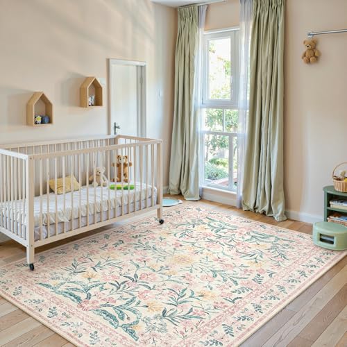Lahome 6x9 Pink Rug for Dorm Girls Bedroom, Boho Cottage Core Floral Rug | Soft Low Pile Girl Nursery Room Decor for Kids Playroom Guestroom, Blush - color: Blush Pink, size: 6' x 9' (Rectangular)