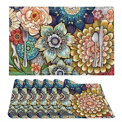 Placemats Set of 6, Dining Table Woven Vinyl PVC Placemat Wipeable Easy to Clean Oil-Proof Non-Slip Tablemats, Blooming Flowers - color: Flower, size: Set of 6
