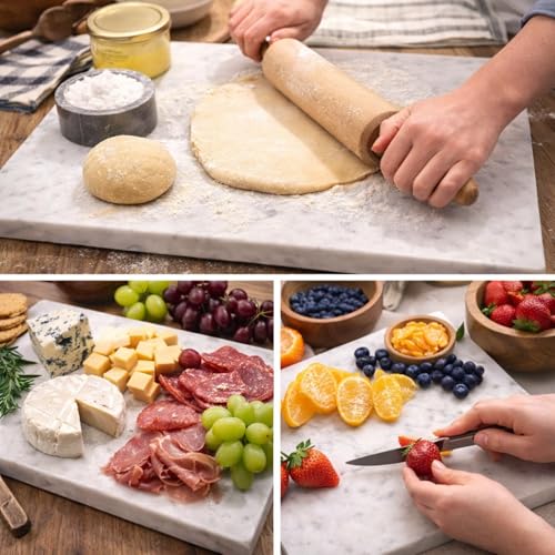 Marble Cheese & Pastry Cutting Board, 16 x 12 Inch, White | Natural Carrara Marble, Serving Tray, For Dough, Bread, Pizza, Charcuterie, Heavy, Non-Slip - color: White, size: 16"L x 12"W