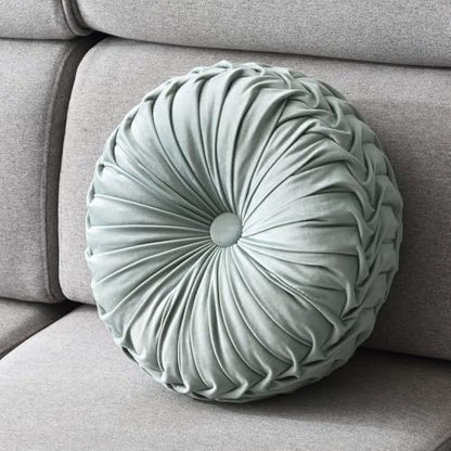 Round Throw Pillow Velvet 1 Pcs 14.17" Home Decoration Pleated 3D Pumpkin Pillow Cushion for Couch Chair Bed Car (Mint Green)