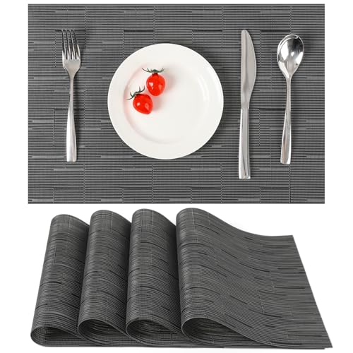 Myir JUN Placemats Set of 4 Kitchen and Dining Table Placemats | Vinyl Placemats Place Mats Indoor/Outdoor Set of 4 Washable Table Mats Non-Slip Place mats for Dining Table, Black-gray - color: Black-gray, size: Set of 4