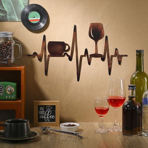 Blulu Heartbeat Coffee and Wine Bar Sign 15.75 x 9.04 Inch Rustic Copper Metal Wine Art Wall Decor Wall Hanging for Farmhouse Kitchen Home Bar Cafe Decor - color: Copper