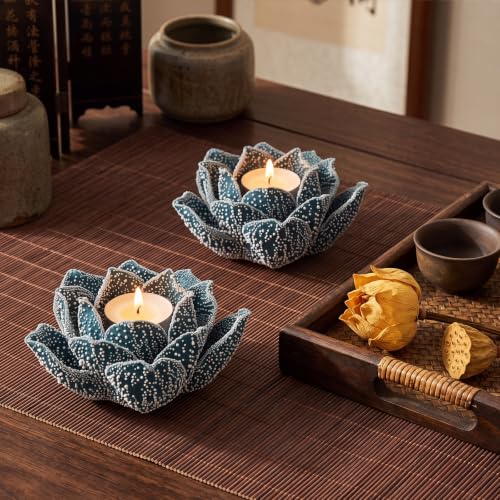 Mumufy 2 Pcs 4.7 Inch Lotus Candle Holders Blue Ceramic Flower Tealight Holder Ceramic Lotus Flower Holders for Home Decor Meditation Yoga Room Bathroom Table Centerpiece Decorative