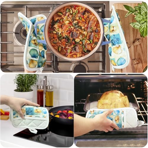 Pot Holders Set of 2 Heat Resistant 480 ℉Non Slip Clear Silicone Printed Comfortable Cotton Lining Kitchen Women Men Cooking Baking Microwave Machine Washable (Shell, Beige potholders) - color: Shell, Beige Potholders