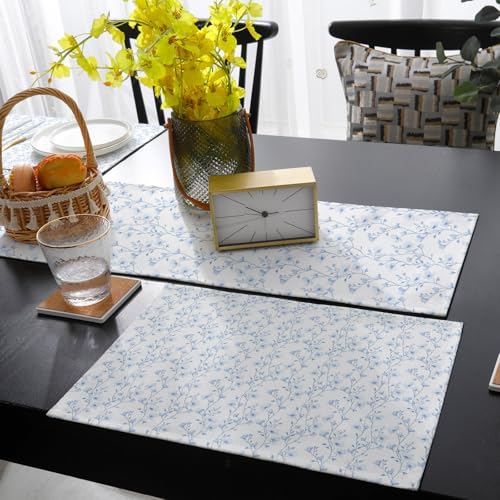 Table Runner and Placemats Set of 6 Blue Floral Decorative Dining Table Runner with Matching Placemats Flower Tree Branch Table Decor for Kitchen Dining Room and Everyday Use 13x70in - size: 13"x70"+6pcs