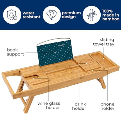 SereneLife 2 in 1 Bed and Bath Tray - Foldable Bamboo Bathtub Caddy with Adjustable Length, Non-Slip, Device Holder, Wine Glass Slot, Expandable for Comfortable Bathing, Natural, Standard, Folding Set