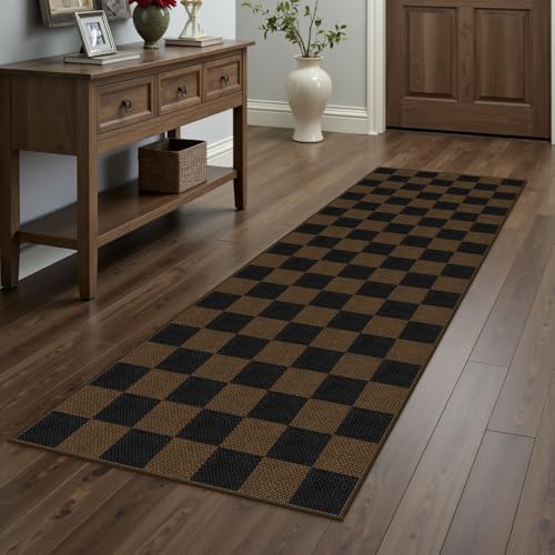 Easy Jute Checkered Runner Rug, 2x6 Coffee Modern Washable Rugs Runner for Hallway Non-Slip Kitchen Runner Rug, Farmhouse Checkerboard Indoor Outdoor Carpet for Porch Laundry Entryway - color: Coffee Checkered, size: 2' x 6' (Runner)