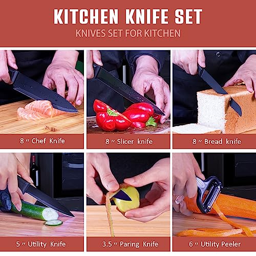 Knife Set,10-Piece Stainless Steel Kitchen Knife Set with Block,Black | Compact Small Countertop Holder,Pro-Sharpened Stainless Steel Chef Knives, Space Saving Knife Set for RV & Apartment - color: BK