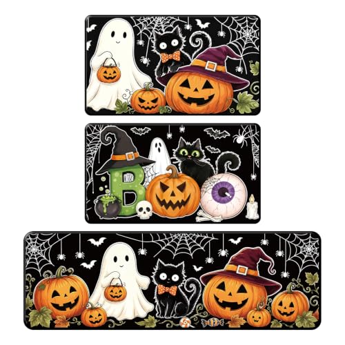 Halloween Kitchen Mats, Boo Pumpkin Ghost Kitchen Rugs | Set of 3, Non-Slip, Spooky Black Cat, Absorbent, Floor Mat for Halloween Holiday Indoor Outdoor Home Decor, 16x28, 16x47 Inch