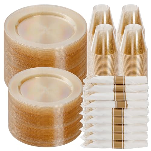 700 Piece Gold Glitter Plastic Dinnerware Set for 100 Guests | Disposable Dinnerware Includes: 100 Dinner Plates, 100 Dessert Plates, 100 Pre Rolled Napkins with Silverware, 100 Cups - color: Gold Glitter, style: 700 Piece (100 guests)