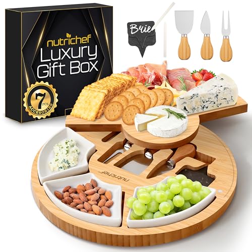 NutriChef Bamboo Natural Cheese Board Set with Bonus Condiment Cup-Extra Large Size 100% Home Organic Wooden Plate and Charcuterie Tray with 4 pcs Cutting Knife Slicer, 13" Round - style: Round with Gift Box
