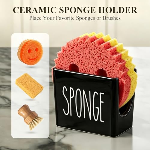 Cisily Amber Kitchen Soap Dispenser Set with Ceramics Sponge Holder | Black Metal Pump Head, Quick-Drying Soil Plate - color: Brown Bottle+black Pump + Black Sponge Holder