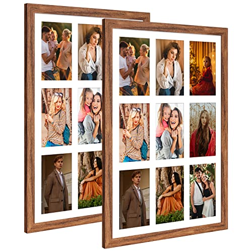 13.5X19.5 Collage Frame with 9 Openings 4X6 Pictures, Multiple Picture Frame with Mat, Wall or Tabletop Decor, Carbonized Brown Wood Grain,2 Pack - color: Carbonized Brown, size: 13.5x19.5-(9 open4x6)-2P