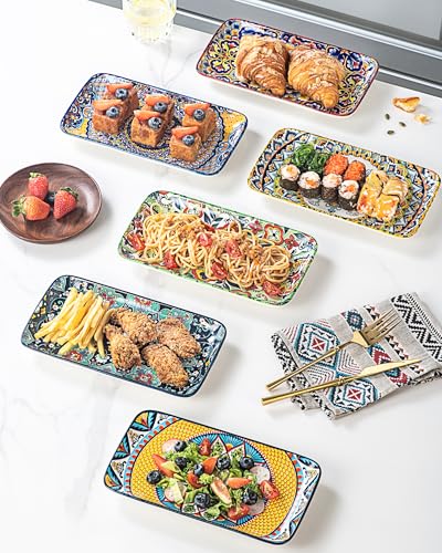 Boho Ceramic Rectangular Serving Plates Set of 6, 10 Inch Dinner Plates | Assorted Patterns, Ideal for Sushi, Salad, Appetizers, Bread & Side Dishes, Microwave & Dishwasher Safe - size: 10 Inch