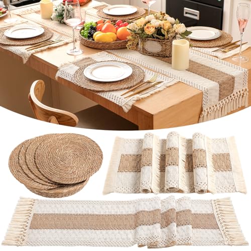 Boho Placemats 4/6/8 Set of Round Woven Placemat Macrame Style Bicolor Stitching Long Table Runner Farmhouse Rustic Natural Burlap Cotton for Kitchen Dining Table(4 Sets,Brown,12x72) - color: Brown, size: 12x72"