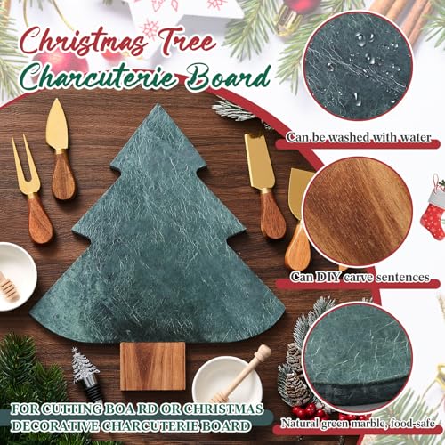 10 Pcs Christmas Tree Charcuterie Board Gift Set Kitchen Utensils Gifts | Include Marble Wood Cutting Serving Tray, Cheese Knives Fork, Honey Stick, Wine Stopper and Dish, Xmas Holiday Party Favor