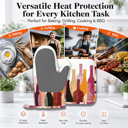 Red Wine Bottle Oven Mitts and Pot Holders Sets Non-Slip Silicone Surface for BBQ Gloves,Kitchen,Cooking,Baking,Grilling - color: Red Wine Bottle