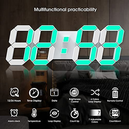 EDUP HOME® 15" Larger 3D LED Wall Clock with Remote Control, 7-Color RGB | Digital Alarm Clock with Adjustable Brightness, 12/24-Hour Time, Date & Temperature Display for Home & Office - color: Rgb Led Wall Clock 15“