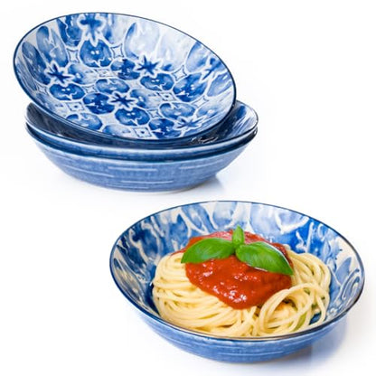 Pasta Bowls Set of 4 – Wide Ceramic Bowls for Pasta, Salads & Noodles | Elegant Serving Bowls for Everyday Use | Microwave & Dishwasher Safe Dinnerware Set