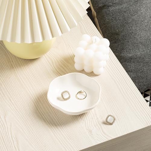 BEUNAIZER Ceramic Ring Dish, 4.3 in Flower Jewelry Tray with Raised Sides | Keeps rings, earrings, keys and hair accessories visible on a vanity, nightstand or bathroom counter. - color: white