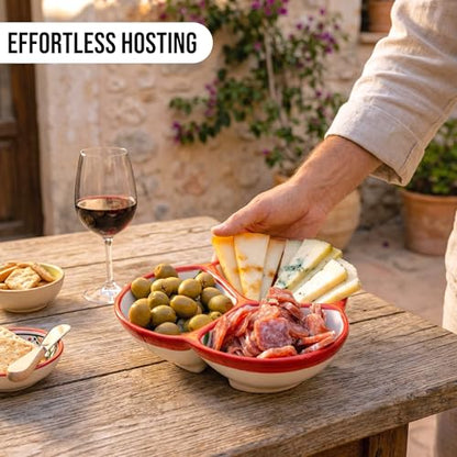 3-Compartment Ceramic Serving Dish, Handmade in Spain | 7.5” divided chip and dip bowl with lead-free glaze, microwave, oven and dishwasher safe, ideal for tapas, snacks and sauces - color: Cherry Bliss