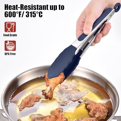 Doosu 600°F Heat Resistant Kitchen Tong for Cooking with Non-Scratch Silicone Tips (9in, Navy Blue) & 3-Piece Silicone Spatula Set Food Grade Baking Supplies Cooking Tools (Black+Lake Blue+Aqua)