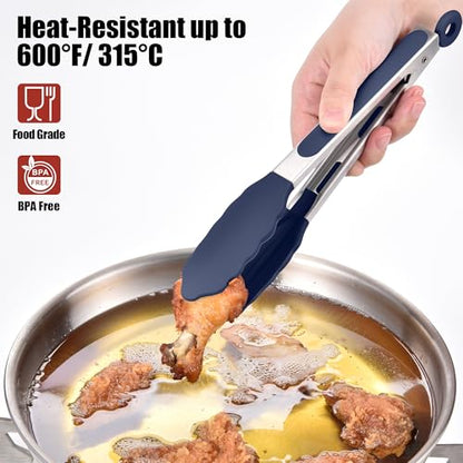 Doosu 600°F Heat Resistant Kitchen Tong for Cooking with Non-Scratch Silicone Tips (9in, Navy Blue) & 3-Piece Silicone Spatula Set Food Grade Baking Supplies Cooking Tools (Black+Lake Blue+Aqua)