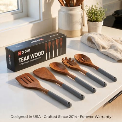 DI ORO Wooden Kitchen Utensil Set - 5-Piece Wooden Spoon & Spatula Set - Nonstick Cookware Safe Teak Wood Cooking Utensils - Heat-Resistant Kitchen Utensils Set with Silicone Handles (Dark Grey) - color: Dark Gray