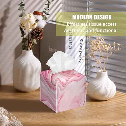 Pink Liquid Marble Tissue Box Cover Square, Tissue Box Holder with Bottom Belt Leather Facial Paper Organizer Dispenser for Bathroom Bedroom Dresser Night Stand Tabletop - color: Pink Liquid Marble