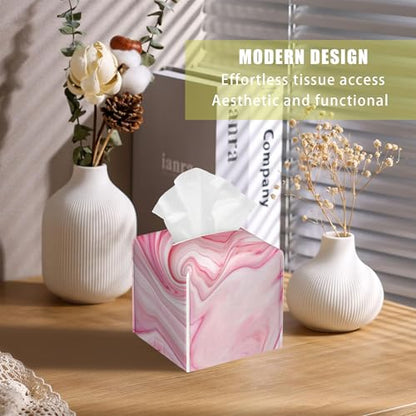 Pink Liquid Marble Tissue Box Cover Square, Tissue Box Holder with Bottom Belt Leather Facial Paper Organizer Dispenser for Bathroom Bedroom Dresser Night Stand Tabletop - color: Pink Liquid Marble