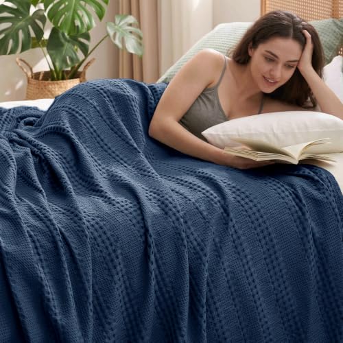 PHF Cooling Waffle Blanket Twin Size for College Dorm, Lightweight 60% Rayon from Bamboo & 40% Cotton Breathable Blanket for Hot Sleepers & Summer, Soft Luxury for Bed Couch Sofa, 66"x90", Navy Blue - color: Navy Blue, size: Twin(66 " X 90")