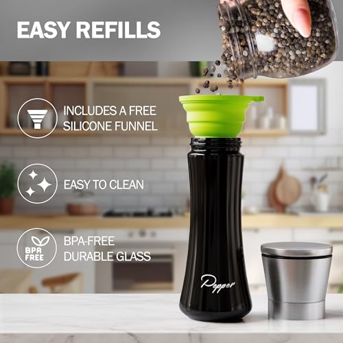 HOME EC Stainless Steel Salt and Pepper Grinder Set of 2 - Adjustable Ceramic Sea Salt Grinder & Pepper Grinder - Glass Salt and Pepper Shakers - Pepper Mill & Salt Mill W/Funnel - Black and White - color: Black/White Glass, size: 2pk