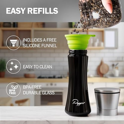 HOME EC Stainless Steel Salt and Pepper Grinder Set of 2 - Adjustable Ceramic Sea Salt Grinder & Pepper Grinder - Glass Salt and Pepper Shakers - Pepper Mill & Salt Mill W/Funnel - Black and White - color: Black/White Glass, size: 2pk