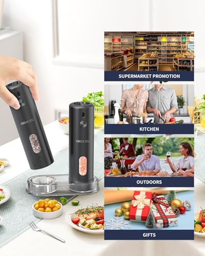 CIRCLE JOY Rechargeable Electric Salt and Pepper Grinder Set with Base, Automatic Pepper Mills with 110ml Container, External Adjustable Coarseness, White Led Light and One-Handed Operation, Black - color: Upgrade Black