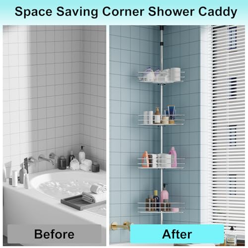 Garvee Corner Shower Caddy Tension Pole, 76 in-110 in Adjustable Bathroom Organizer Shelves, 4-Tier Rustproof Bathroom Shelves with Built-In Towel Bars to Space-Saving, Silver | Adjustable Bathroom Shelf Organizer, Rust-Resistant Floor to Ceiling Storage