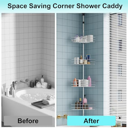 Garvee Corner Shower Caddy Tension Pole, 76 in-110 in Adjustable Bathroom Organizer Shelves, 4-Tier Rustproof Bathroom Shelves with Built-In Towel Bars to Space-Saving, Silver | Adjustable Bathroom Shelf Organizer, Rust-Resistant Floor to Ceiling Storage